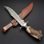 Damascus Bowie Knife — Hand-Forged, Stag Horn Handle, Leather Sheath (RK-465) - Image 3
