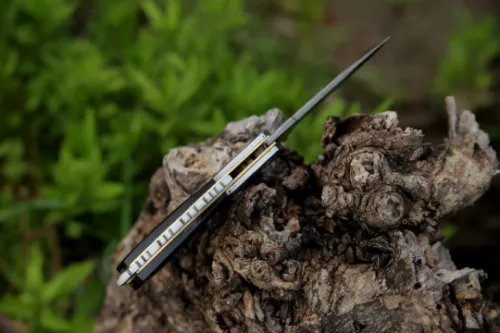 Damascus Folding Pocket Knife — Hand-Forged, 9″ Overall, Camel Bone Handle, Leather Sheath | Engraving Available - view