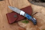 Damascus Folding Pocket Knife — Hand-Forged, 6.5" Overall, Hardwood Handle, Leather Sheath (RK-440)