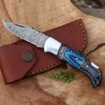Damascus Folding Pocket Knife — Hand-Forged, 6.5" Overall, Hardwood Handle, Leather Sheath (RK-440)