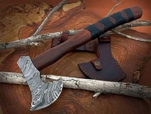 Tomahawk Axe, Hand-Forged Damascus, 20″ Overall, Rosewood Handle