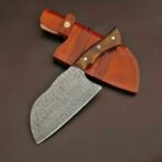 Damascus Cleaver — Hand-Forged, Stag Horn Handle, Leather Sheath (RK-436)