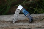 Damascus Folding Pocket Knife — Hand-Forged, 6.5" Overall, Hardwood Handle, Leather Sheath (RK-440) - Image 4