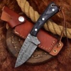 Damascus Skinner Knife — Hand-Forged, Stag Horn Handle, Leather Sheath (RK-450)