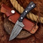 Damascus Skinner Knife — Hand-Forged, Stag Horn Handle, Leather Sheath (RK-450)