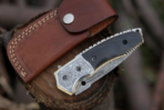 Damascus Folding Pocket Knife — Hand-Forged, 9" Overall, Camel Bone Handle, Leather Sheath | Engraving Available - Image 7