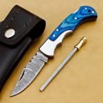 Damascus Folding Pocket Knife — Hand-Forged, 6.5" Overall, Hardwood Handle, Leather Sheath (RK-447)