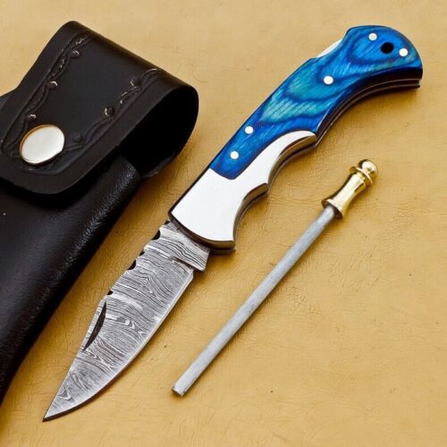 RK-447 Back Lock Damascus Pocket knife Steel Bolster Knife Hand Forged knife Every Day Carry Knife Damascus Knives USA Made Gift For Him Gift For Her