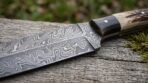 Close up of a swirled Damascus dagger blade with Damascus guard, black horn bolster and stag horn handle on a mossy log