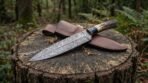 Damascus dagger with stag horn handle laid on a tree stump in a forest with its brown leather sheath