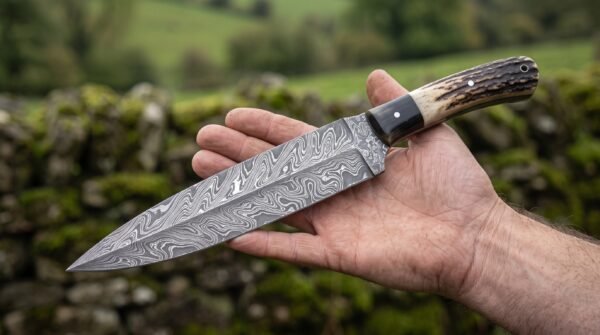 Open hand holding a Damascus dagger with stag horn grip and black horn spacer, green fields blurred behind