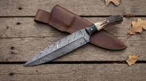 Damascus dagger with stag horn handle crossed over its stitched brown leather sheath on weathered planks with oak leaves