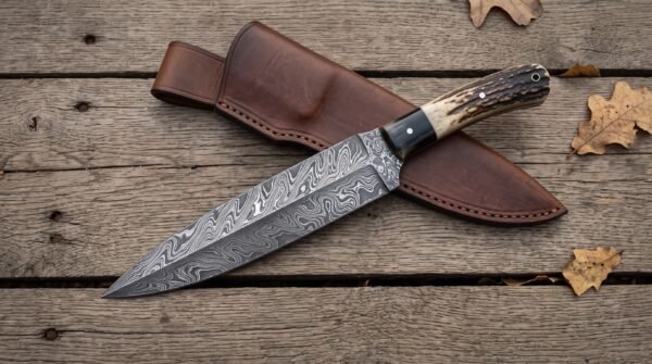 Damascus dagger with stag horn handle crossed over its stitched brown leather sheath on weathered planks with oak leaves