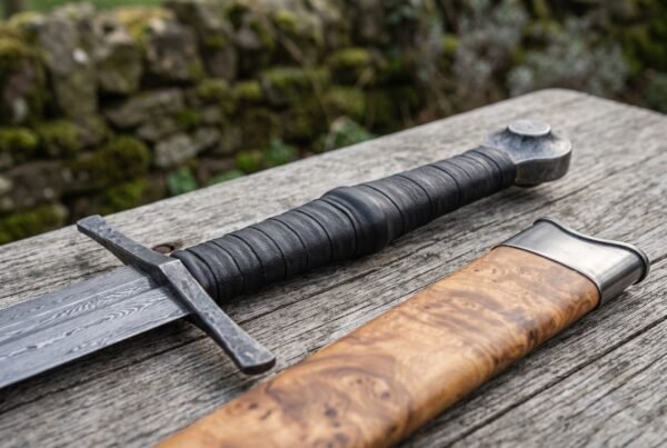 Close view of the wrapped leather grip, crossguard and pommel of a Damascus dagger sword above its olive burl scabbard