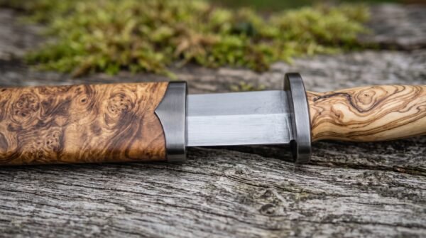 Olive wood sword handle and burl wood scabbard throat, close up of the steel guard resting on weathered grey timber