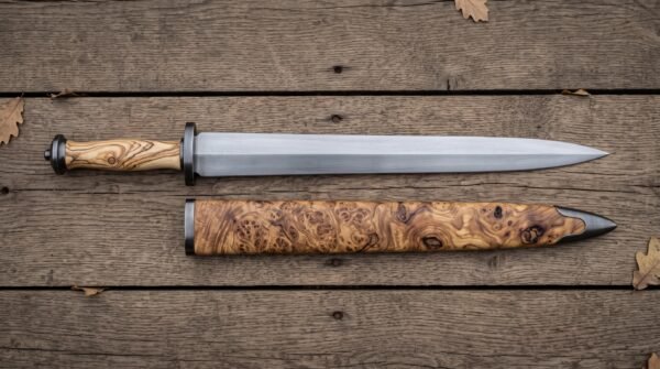 Short sword with olive wood handle and polished steel blade laid above its burl wood scabbard on dark wooden planks