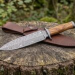 Olivespire Hand Forged Damascus Dagger Knife with Olive Wood Handle and Damascus Fittings & Leather Sheath | Collector Display Gift | RK-534