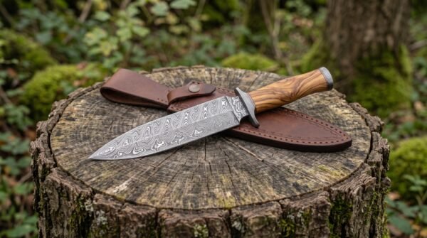 Olivespire Hand Forged Damascus Dagger Knife with Olive Wood Handle and Damascus Fittings & Leather Sheath | Collector Display Gift | RK-534
