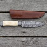 Sandspire Hand Forged Damascus Dagger Knife with Camel Bone Handle and Damascus Bolsters & Leather Sheath | Compact Collector Gift | RK-535