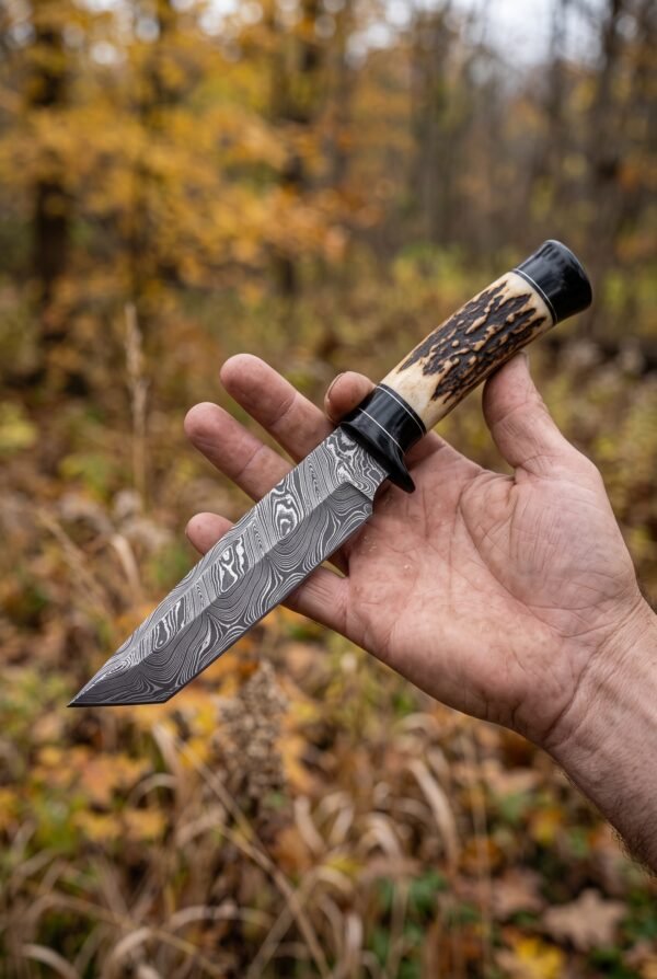 Damascus steel tanto knife with stag horn handle and black horn guard held in an open palm against autumn woodland