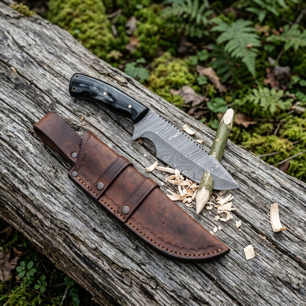 Damascus tracker knife with black horn handle and saw back spine on a mossy log beside its leather sheath and wood shavi Damascus tracker knife with black horn handle and saw back spine on a mossy log beside its leather sheath and wood shavings