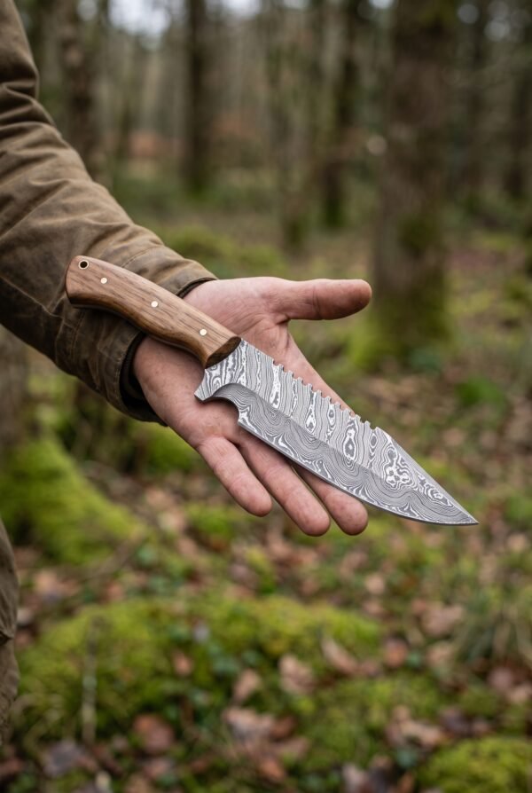 Damascus tracker knife with hardwood handle held flat in an open hand above a mossy forest floor