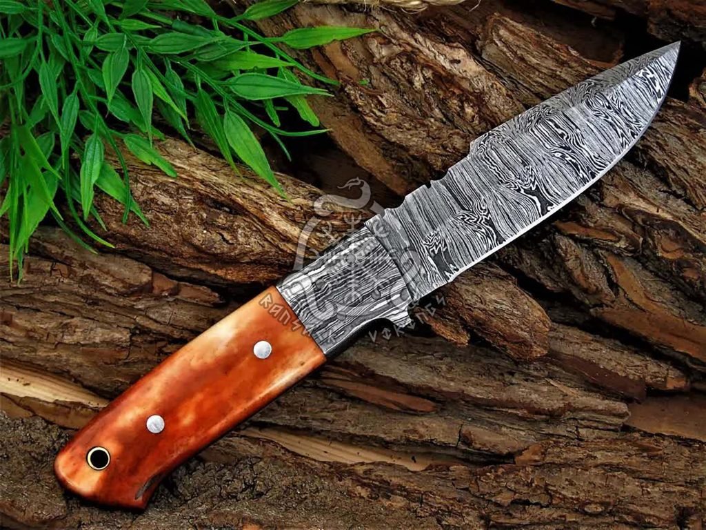 Damascus Skinner Knife — Hand-Forged, 8.6″ Overall, Camel Bone Handle, Leather Sheath - view 2