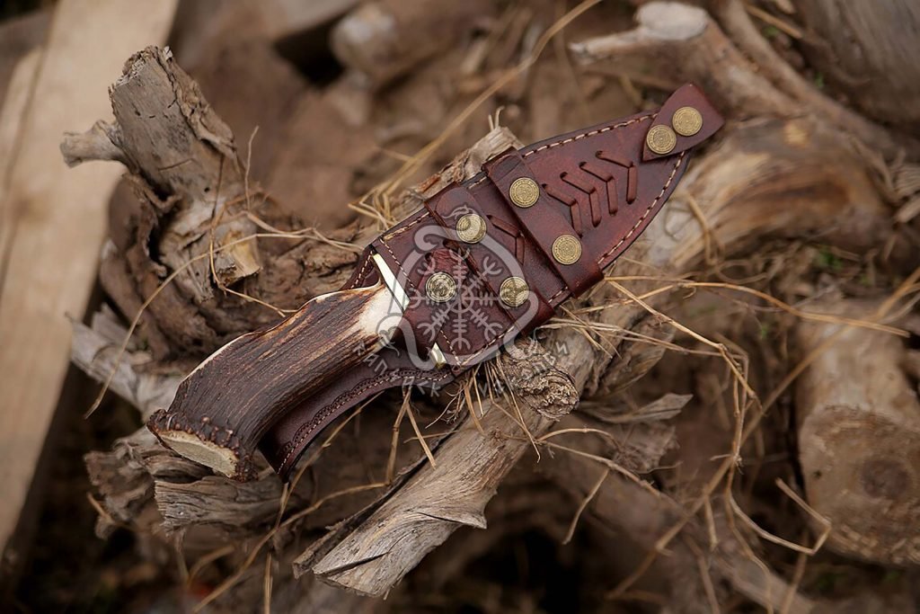 Damascus Skinner Knife — Hand-Forged, 10″ Overall, Stag Horn Handle, Leather Sheath - view 2