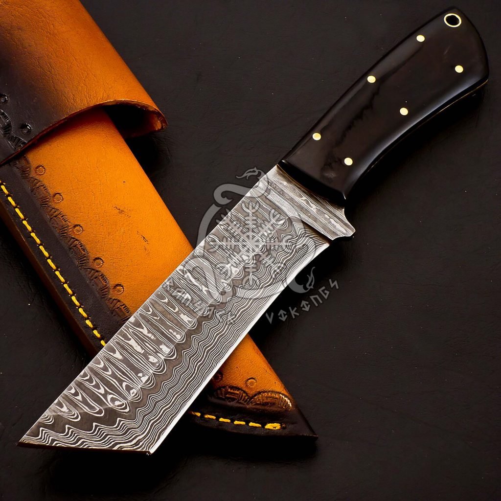 Damascus Tanto Knife — Hand-Forged, 9.5″ Overall, Stag Horn Handle, Leather Sheath