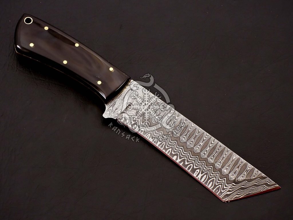 Damascus Tanto Knife — Hand-Forged, 9.5″ Overall, Stag Horn Handle, Leather Sheath - view 2