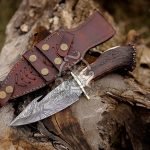 Damascus Skinner Knife — Hand-Forged, 10" Overall, Stag Horn Handle, Leather Sheath