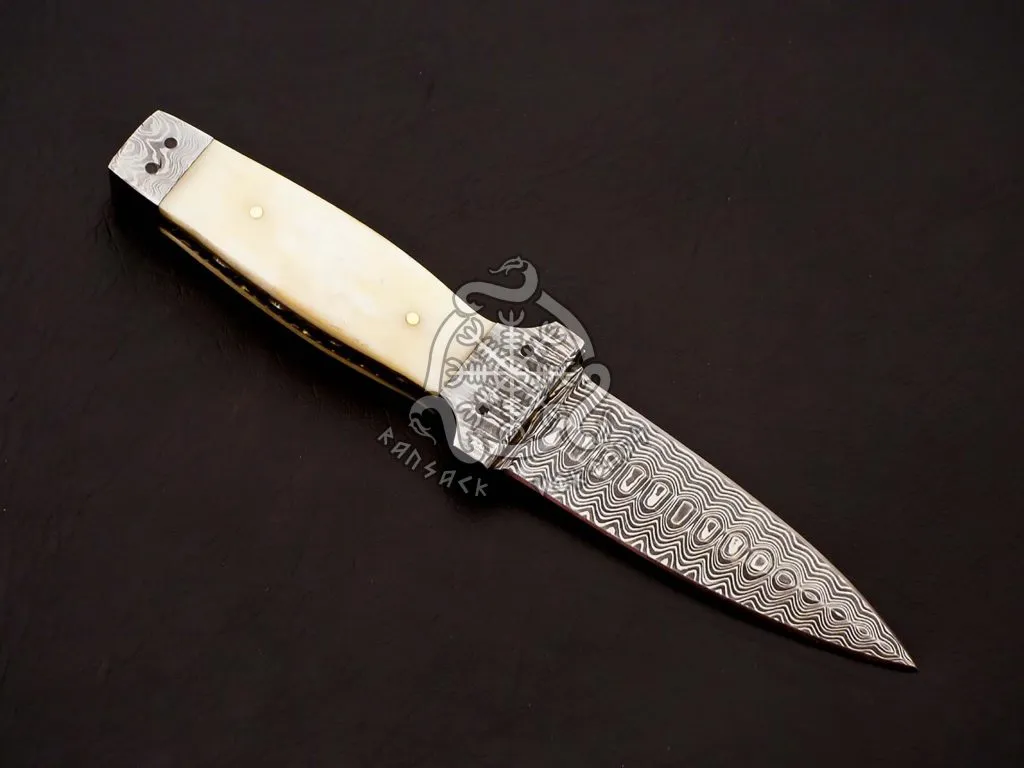 Damascus Dagger Knife — Hand-Forged, Camel Bone Handle, Leather Sheath - view 2