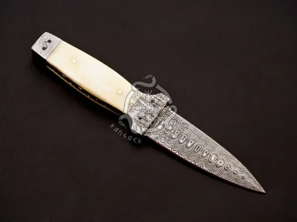 Damascus Dagger Knife — Hand-Forged, Camel Bone Handle, Leather Sheath - view 2