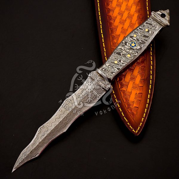 RK-534 Custom Hand Made Forged Hunter Knife Damascus Steel Snake Dagger Hunting Knife With Damascus HANDLE With Leather Sheath
