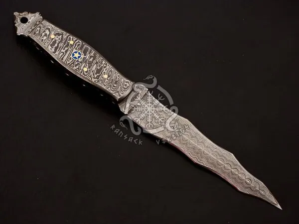 Damascus Dagger Knife — Hand-Forged, Olive Wood Handle, Leather Sheath - view 2