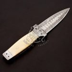 Damascus Dagger Knife — Hand-Forged, Camel Bone Handle, Leather Sheath