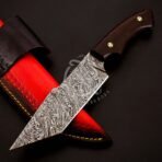 Damascus Tanto Knife — Hand-Forged, 11″ Overall, Stag Horn Handle, Leather Sheath