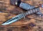 Damascus Bowie Knife — Hand-Forged, Stag Horn Handle, Leather Sheath | Engraving Available