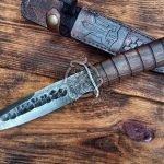 Damascus Bowie Knife — Hand-Forged, Stag Horn Handle, Leather Sheath | Engraving Available