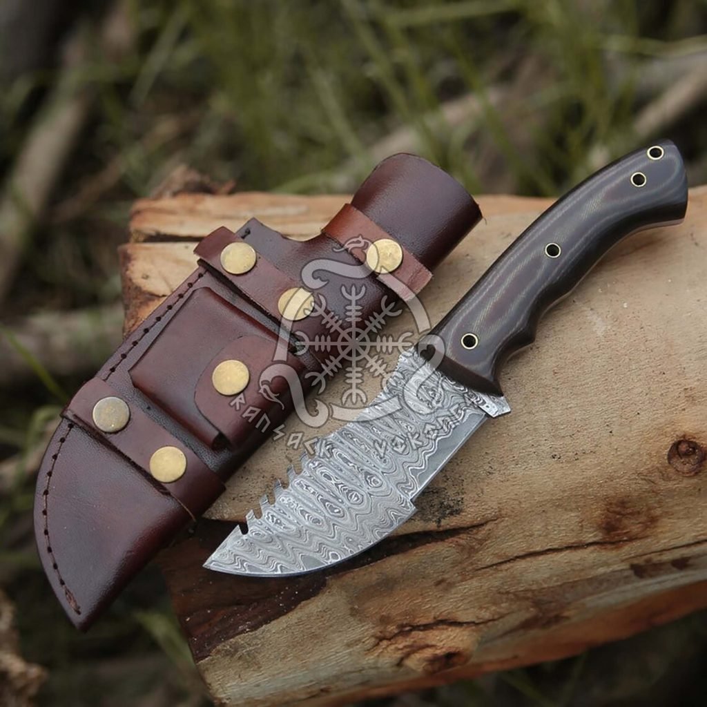 Damascus Bowie Knife — Hand-Forged, 10″ Overall, Micarta Handle, Leather Sheath | Engraving Available
