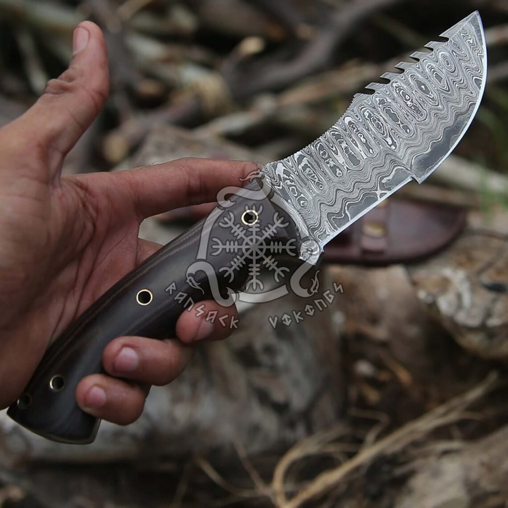 Damascus Bowie Knife — Hand-Forged, 10″ Overall, Micarta Handle, Leather Sheath | Engraving Available - view 2