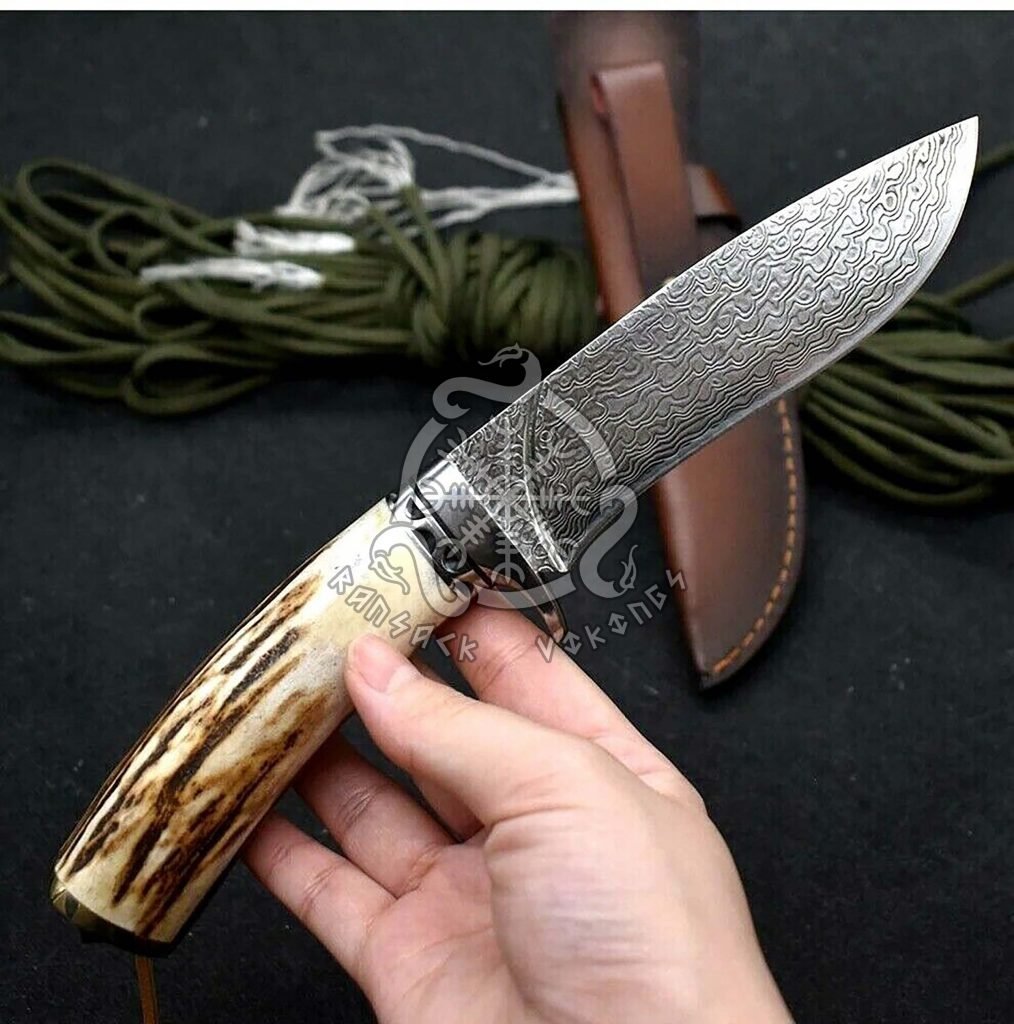 Damascus Hunting Knife — Hand-Forged, Stag Horn Handle, Leather Sheath (RK-513) - view 2