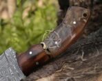Damascus Tracker Knife — Hand-Forged, 10″ Overall, Ram Horn Handle, Leather Sheath - view 2