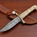 Damascus Hunting Knife — Hand-Forged, Bone Handle, Leather Sheath