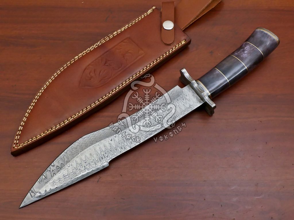 Damascus Bowie Knife — Hand-Forged, Camel Bone Handle, Leather Sheath (RK-550) - view 2