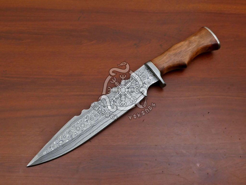 Damascus Bowie Knife — Hand-Forged, Wood Handle, Leather Sheath (RK-554) - view 2