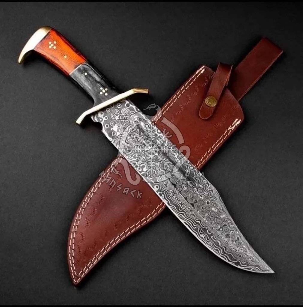 Damascus Bowie Knife — Hand-Forged, 16″ Overall, Stag Horn Handle, Leather Sheath