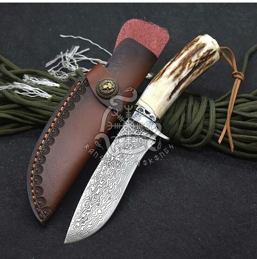 Damascus Hunting Knife — Hand-Forged, Stag Horn Handle, Leather Sheath (RK-513)