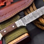 Damascus Skinner Knife — Hand-Forged, 8.6" Overall, Wood Handle, Leather Sheath