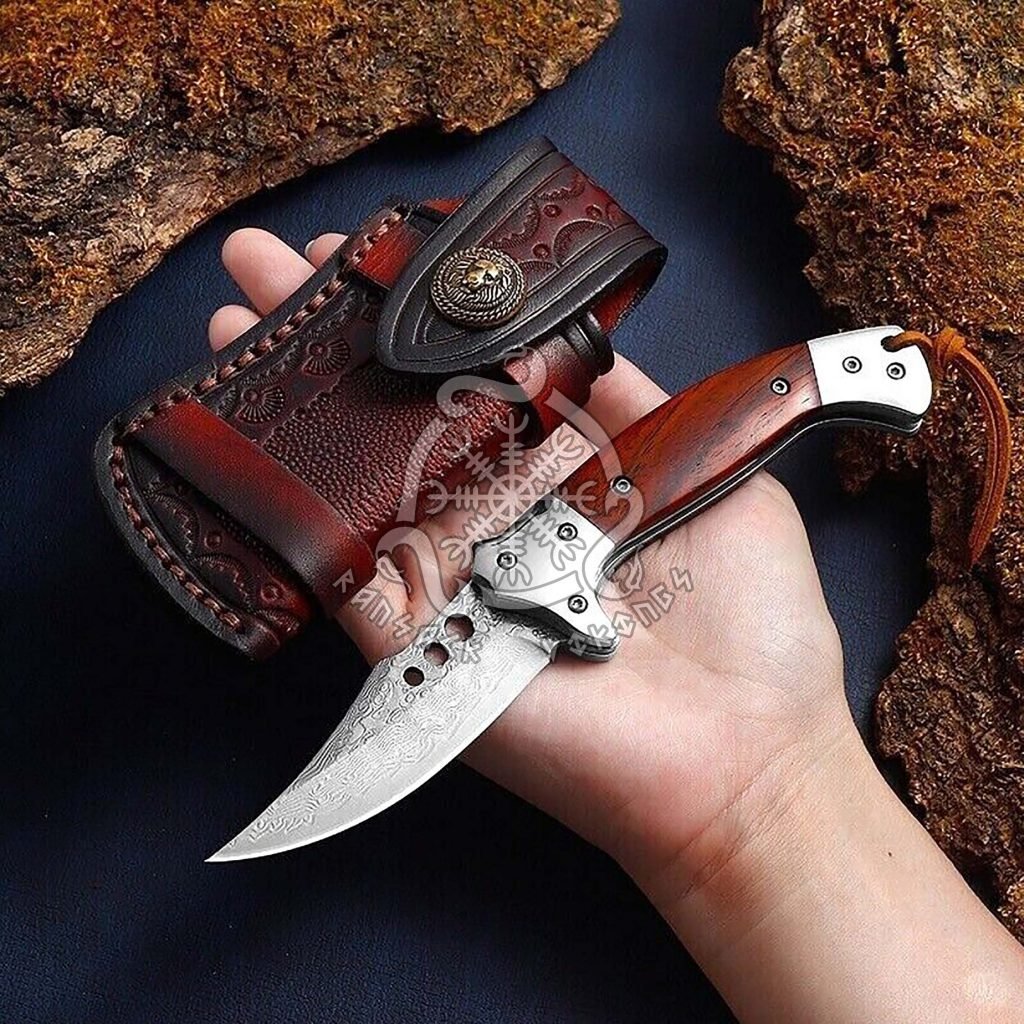 Damascus Folding Pocket Knife — Hand-Forged, Wood Handle, Leather Sheath (RK-531)